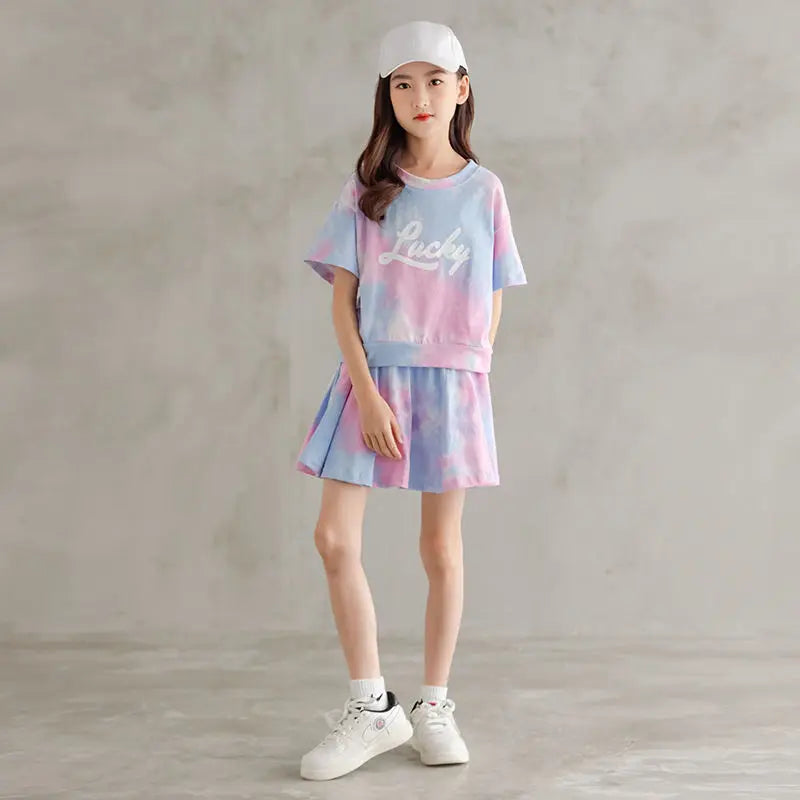 Girls Summer Short Sleeve Top +skirts Child Sports Clothing Casual Girl Outfits 5 to 14