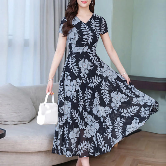 Elegant Long Dresses For Women Round Neck Short Sleeve Printed Chiffon Dress Pleated Dress Summer