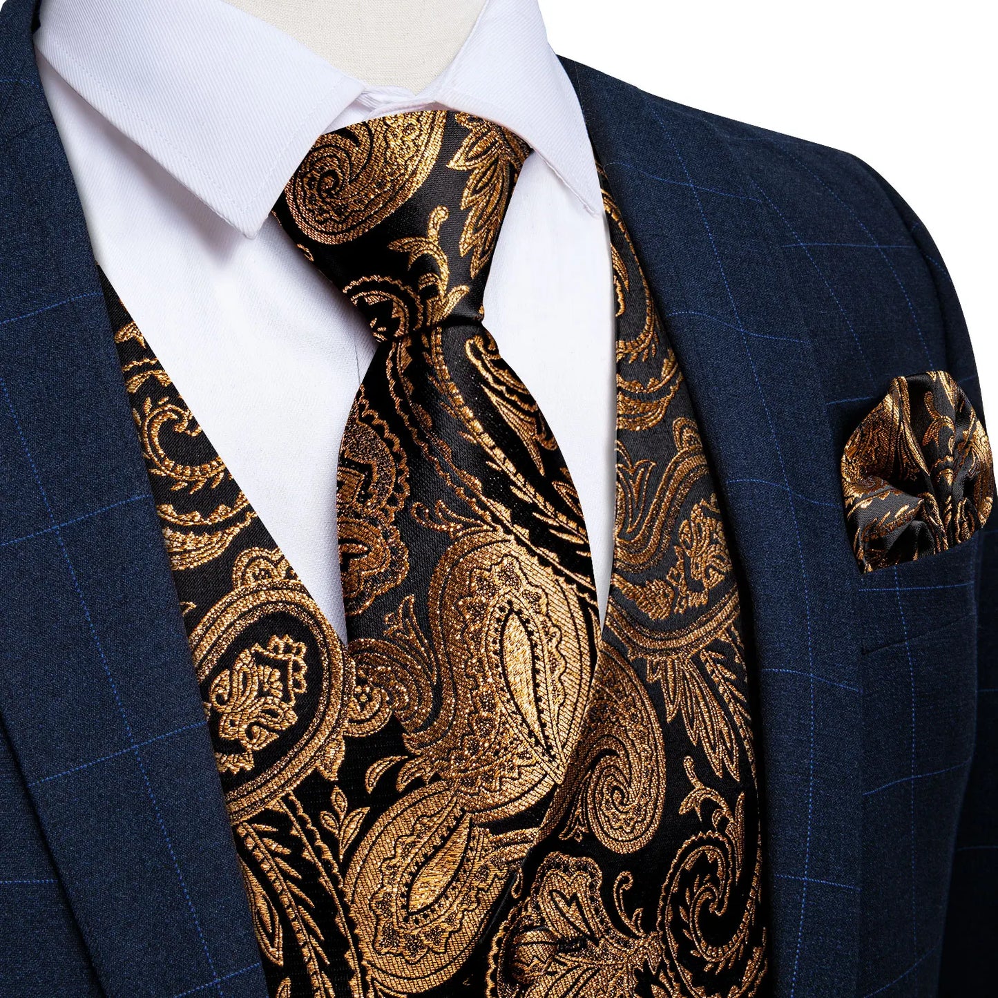 Formal Dress Gold Blue Black Paisley Wedding Suit Vest