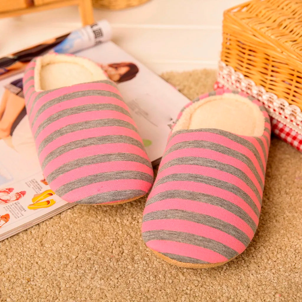 Women House Shoes Soft Striped Indoor Mute Cotton Slippers Non-Slip Slippers Warm Plush Unisex Comfort Home Floor Slipper