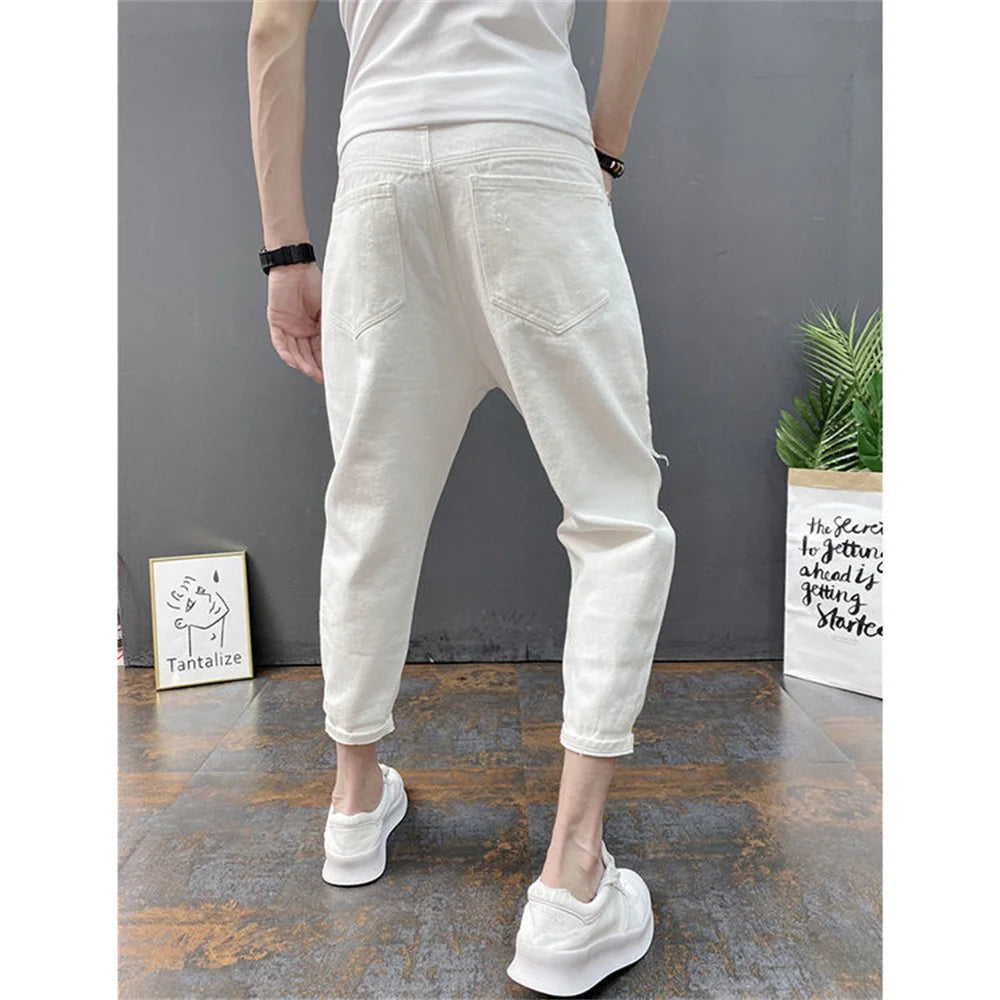 New Men's Ripped Hole Jeans Ankle Length Youth Fashion Loose Denim Harem Cargo Pants