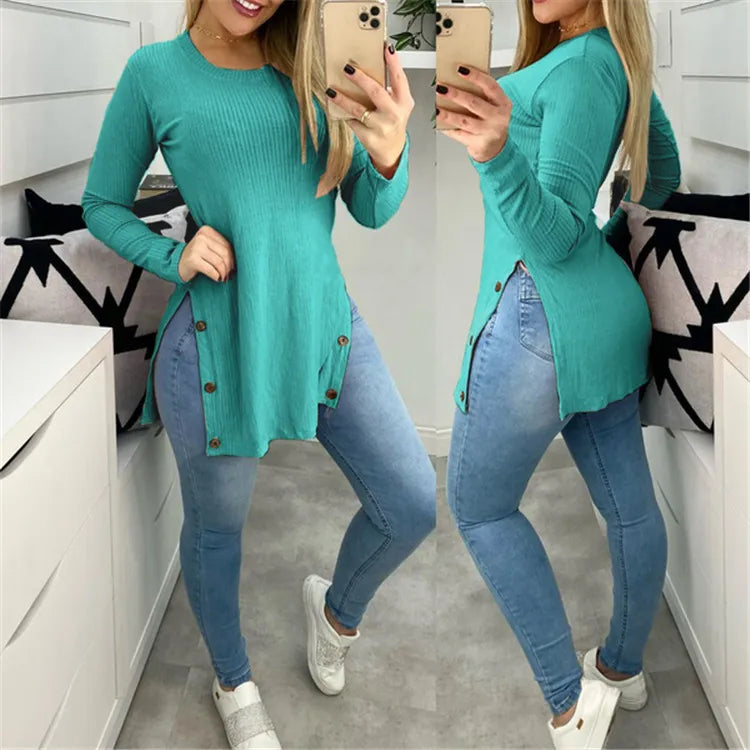 Pit strip solid color round neck slit button long sleeve T-shirt large size women's blouse