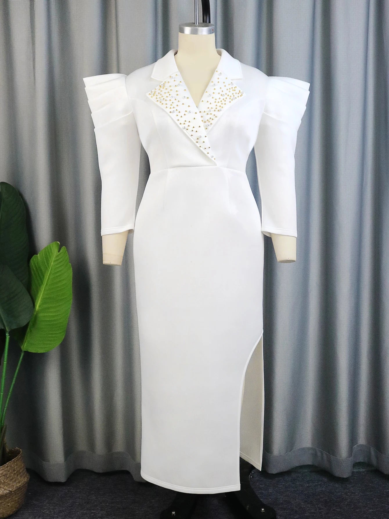 Plus Size White Dresses for Women Notched Beading Puff Sleeve Bodycon Slit Ankle-Length Cocktail Curvy Lady Gowns