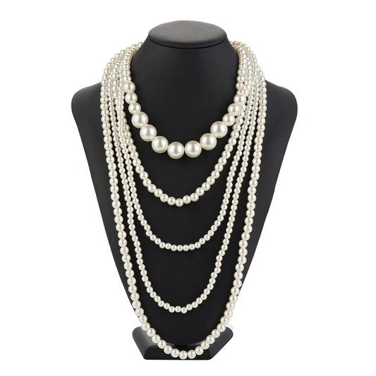 Vintage Imitation Pearl Choker Necklace Art Deco Flapper Accessories for Women White Multi-layer Imitation Pearl Necklaces