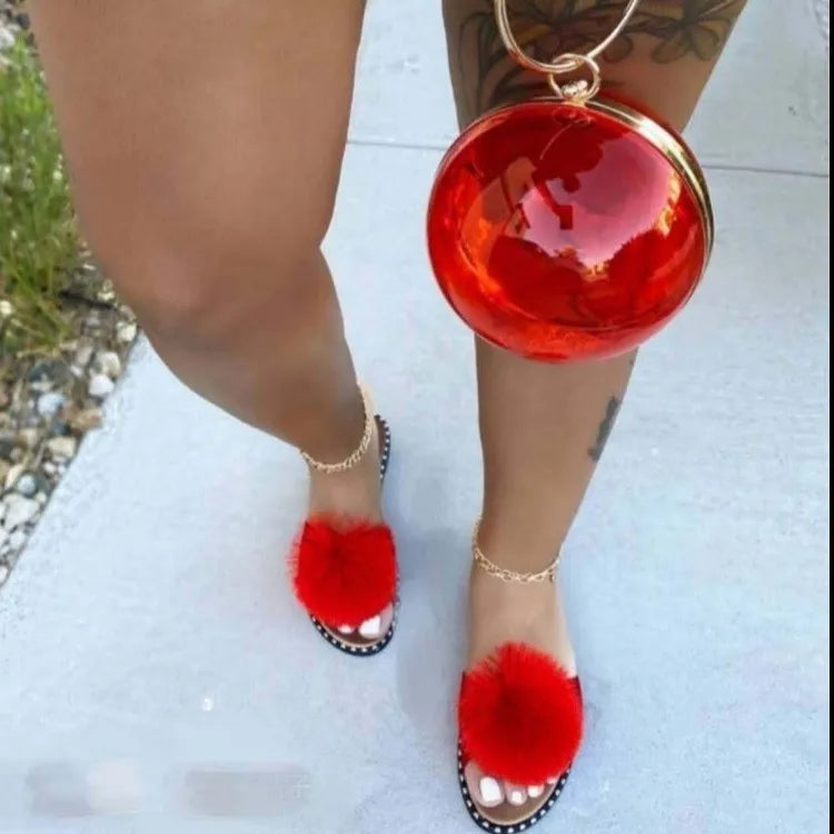 Hairball Slippers Women Solid Open Toe Slides Outside Candy Colors Sandals Female Light Pompom The Ball Shoes