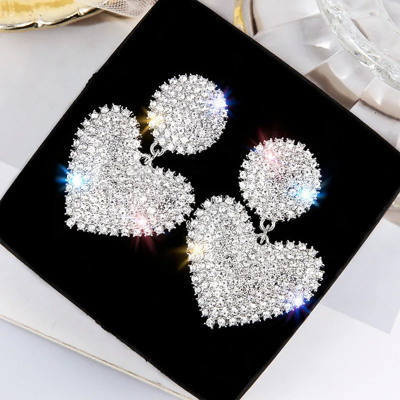 New Heart Earrings Women's Luxurious Geometric Full Rhinestone Earrings