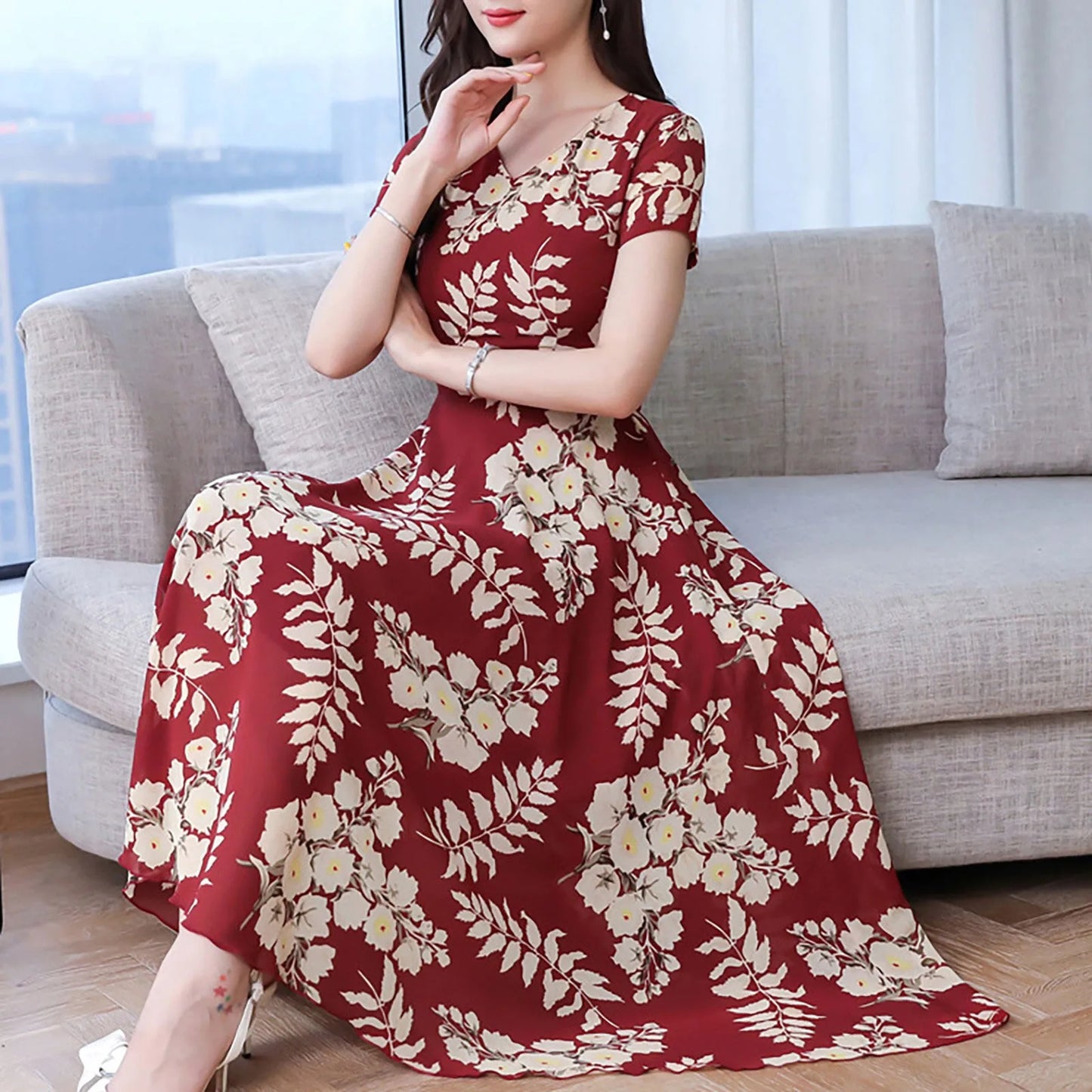 Elegant Long Dresses For Women Round Neck Short Sleeve Printed Chiffon Dress Pleated Dress Summer