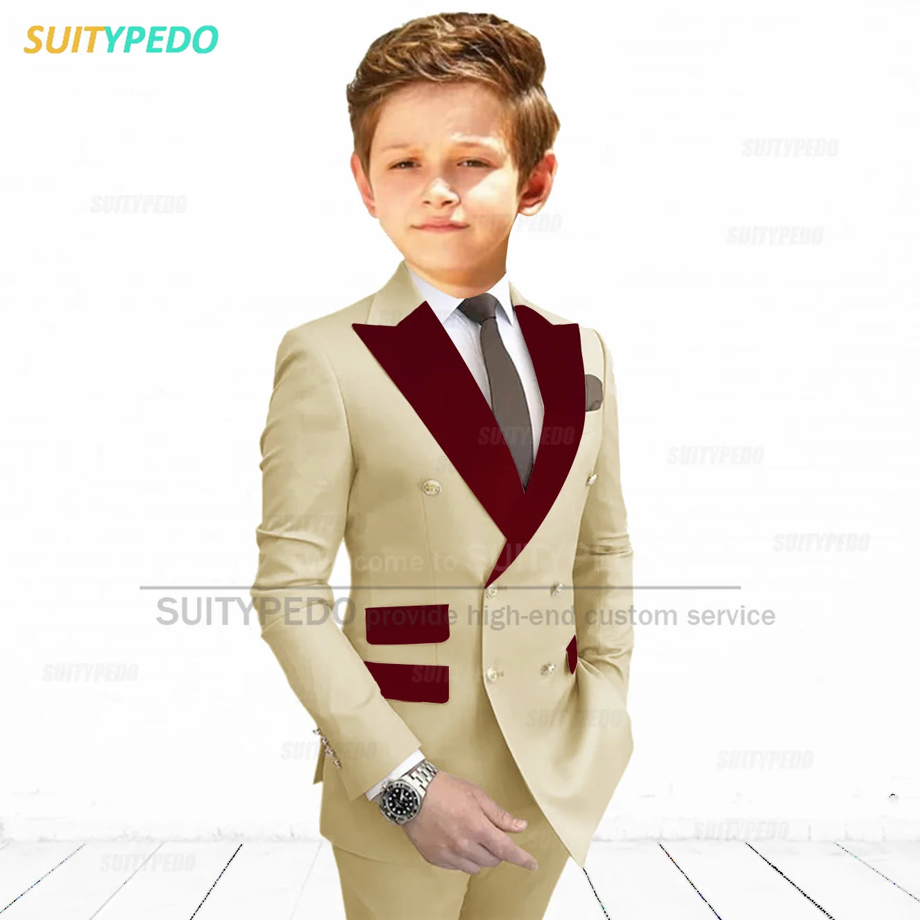 Burgundy Peaked Lapel Boy's Suit Set Children Prom Formal Blazer Pants Two Pieces Wedding Flower Kid Slim Fit Tuxedo Outfits