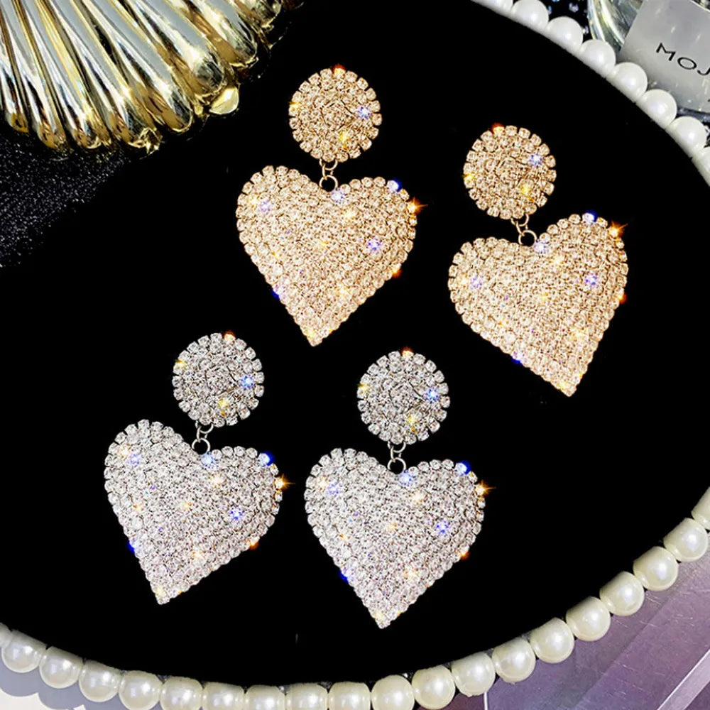 New Heart Earrings Women's Luxurious Geometric Full Rhinestone Earrings