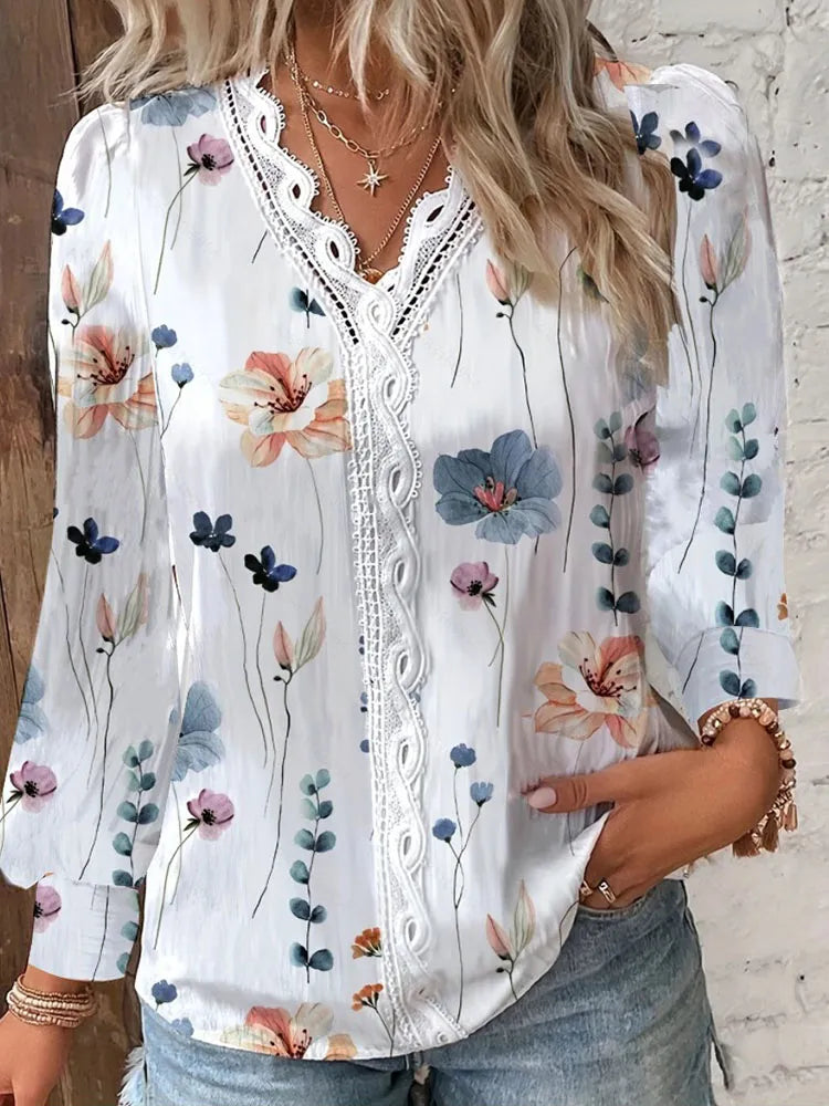 Women's Shirts Autumn Fashion Elegant Long Sleeve Print Office Lady Top White Women Ruffled Hollow Out Blouse Female Clothing