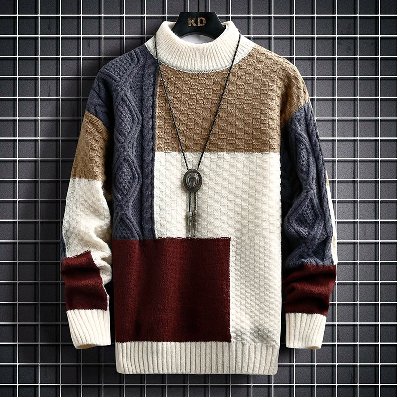 Autumn Winter Men Sweater Warm Fashion Stitching Color Matching Pullover Round Neck Sweater Thickened Knitted Sweater S-3Xl