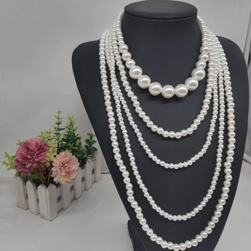 Vintage Imitation Pearl Choker Necklace Art Deco Flapper Accessories for Women White Multi-layer Imitation Pearl Necklaces