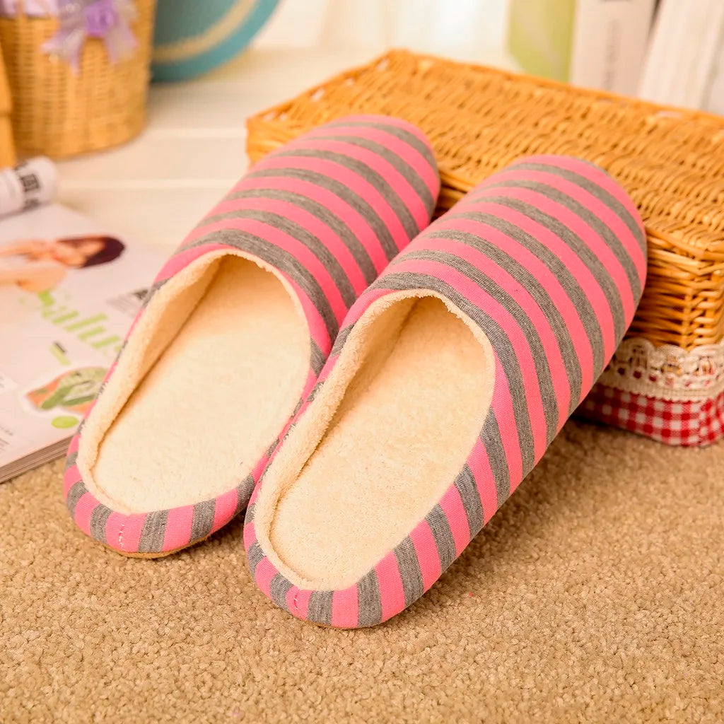 Women House Shoes Soft Striped Indoor Mute Cotton Slippers Non-Slip Slippers Warm Plush Unisex Comfort Home Floor Slipper