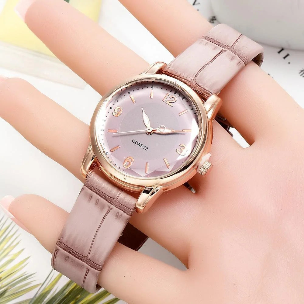 Leather Strap Ladies Watch Polygon Glass Luxury Quartz Watch