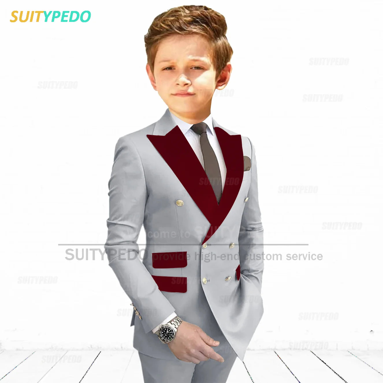 Burgundy Peaked Lapel Boy's Suit Set Children Prom Formal Blazer Pants Two Pieces Wedding Flower Kid Slim Fit Tuxedo Outfits