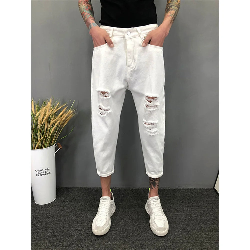 New Men's Ripped Hole Jeans Ankle Length Youth Fashion Loose Denim Harem Cargo Pants