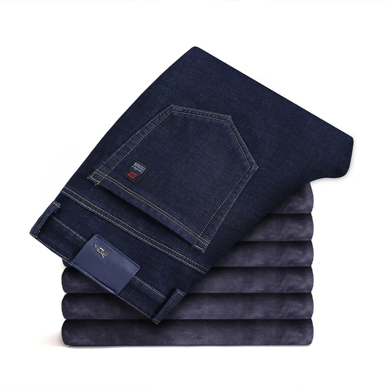 2022 Winter Men's Fleece Jeans Classic Style Business Casual