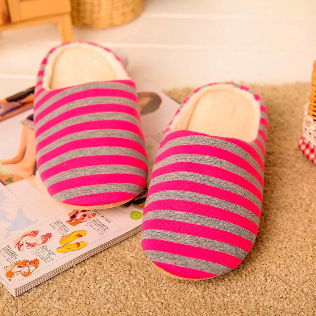 Women House Shoes Soft Striped Indoor Mute Cotton Slippers Non-Slip Slippers Warm Plush Unisex Comfort Home Floor Slipper