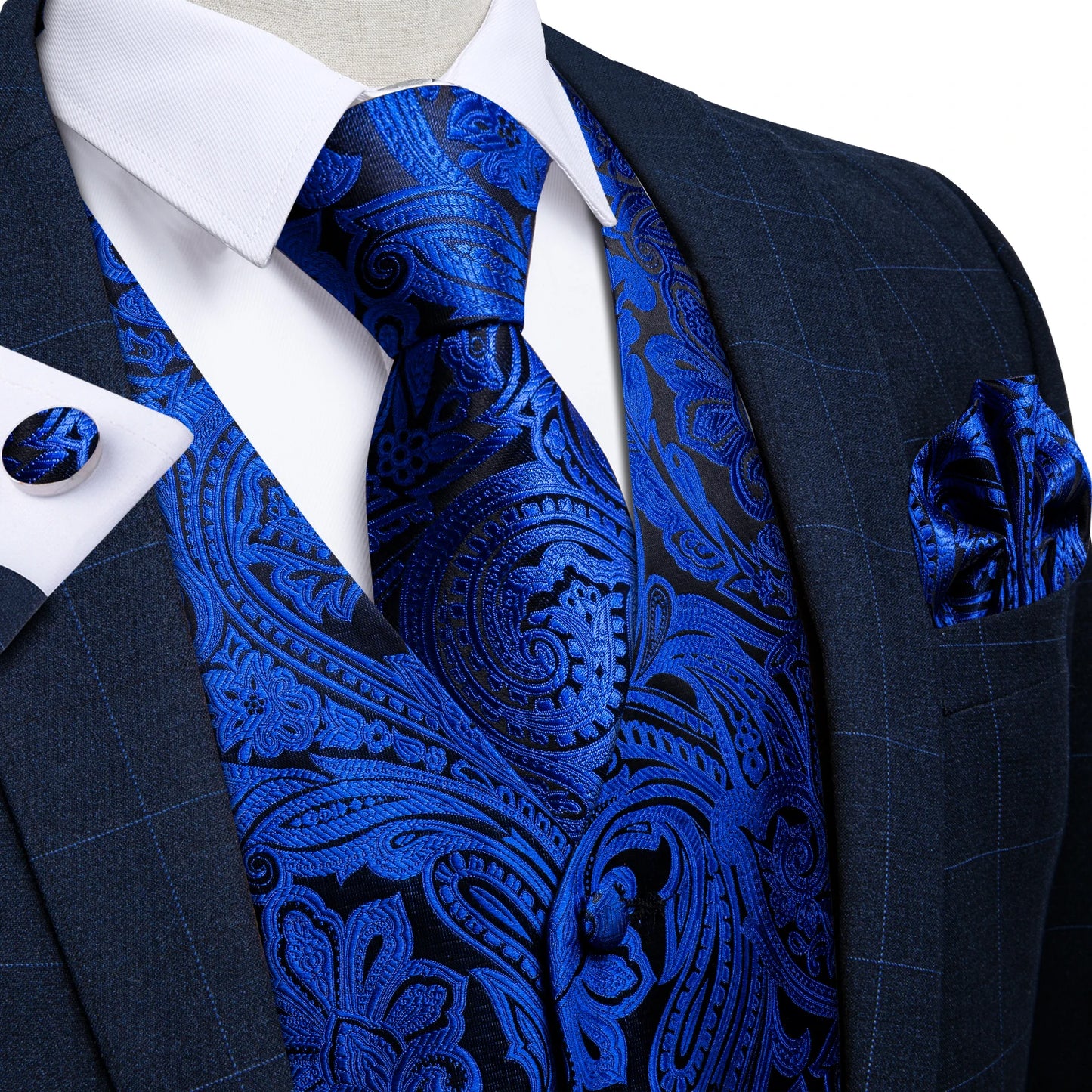 Formal Dress Gold Blue Black Paisley Wedding Suit Vest