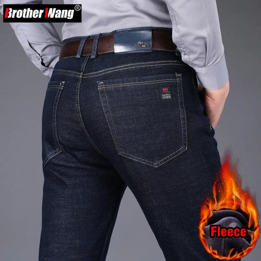 2022 Winter Men's Fleece Jeans Classic Style Business Casual