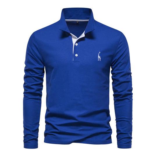 Deer Embroidery Men's Polo Shirts Solid Color Long Sleeve