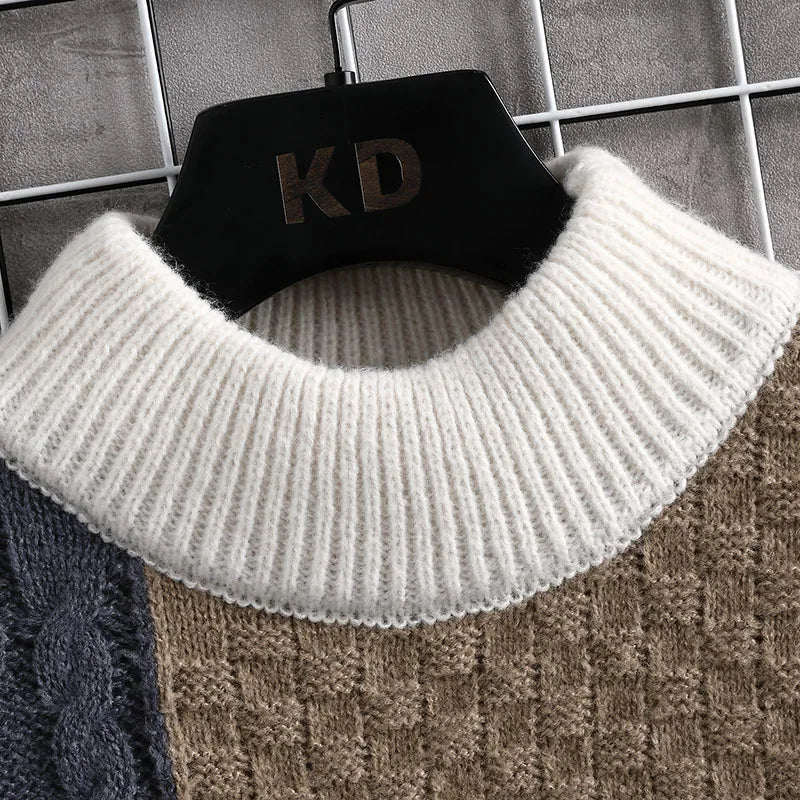 Autumn Winter Men Sweater Warm Fashion Stitching Color Matching Pullover Round Neck Sweater Thickened Knitted Sweater S-3Xl