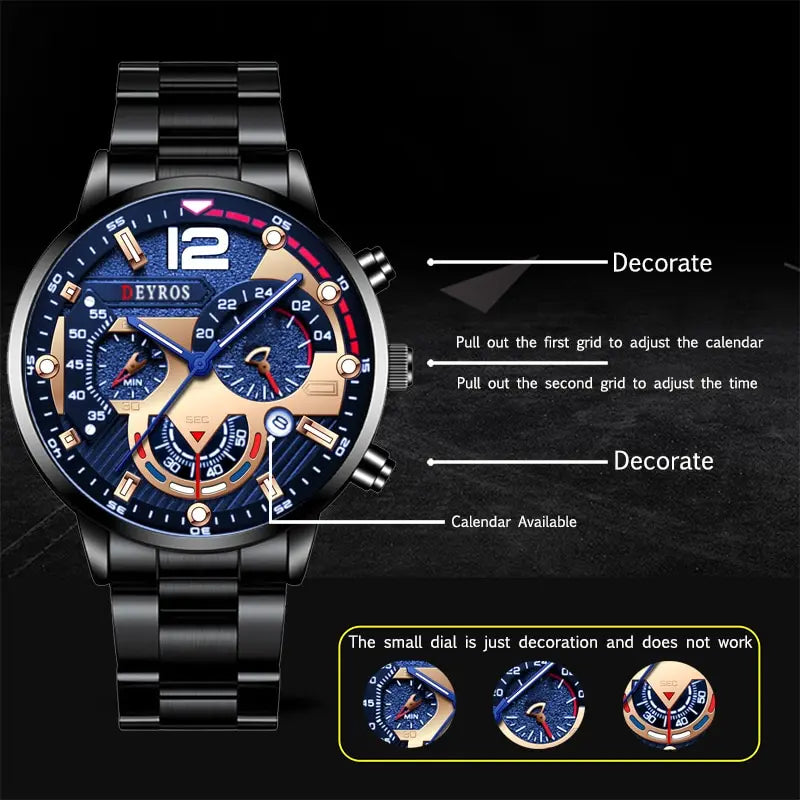 Fashion Mens Stainless Steel Watches Luxury Quartz Wristwatch Calendar Luminous Clock Men Business Casual Watch