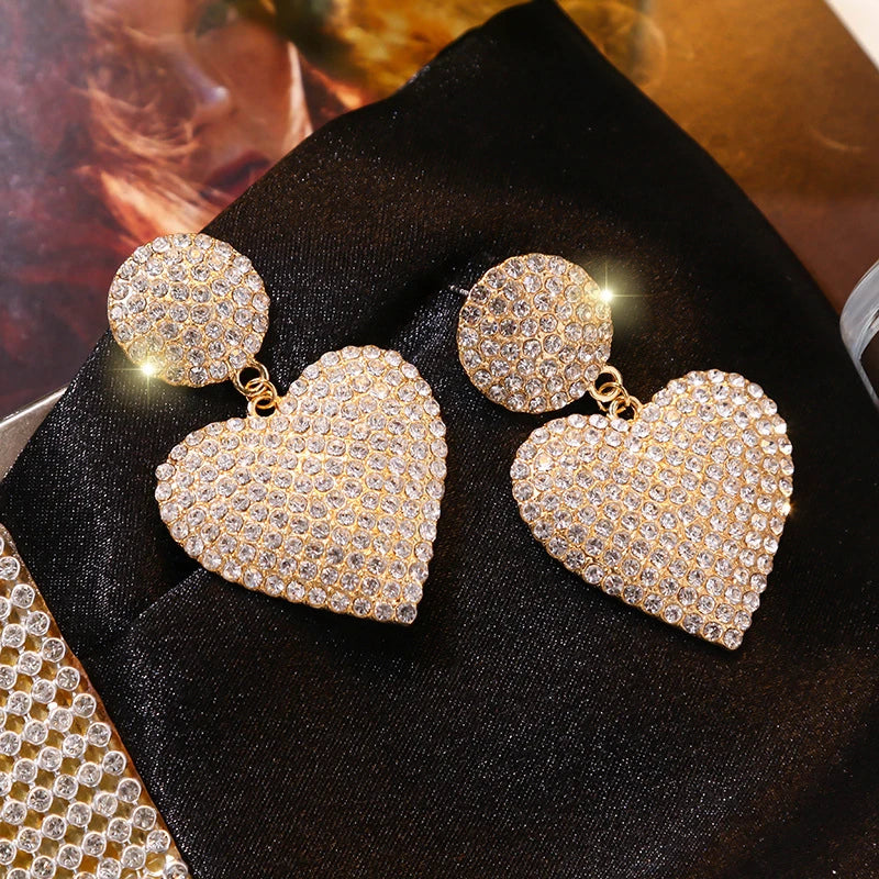 New Heart Earrings Women's Luxurious Geometric Full Rhinestone Earrings