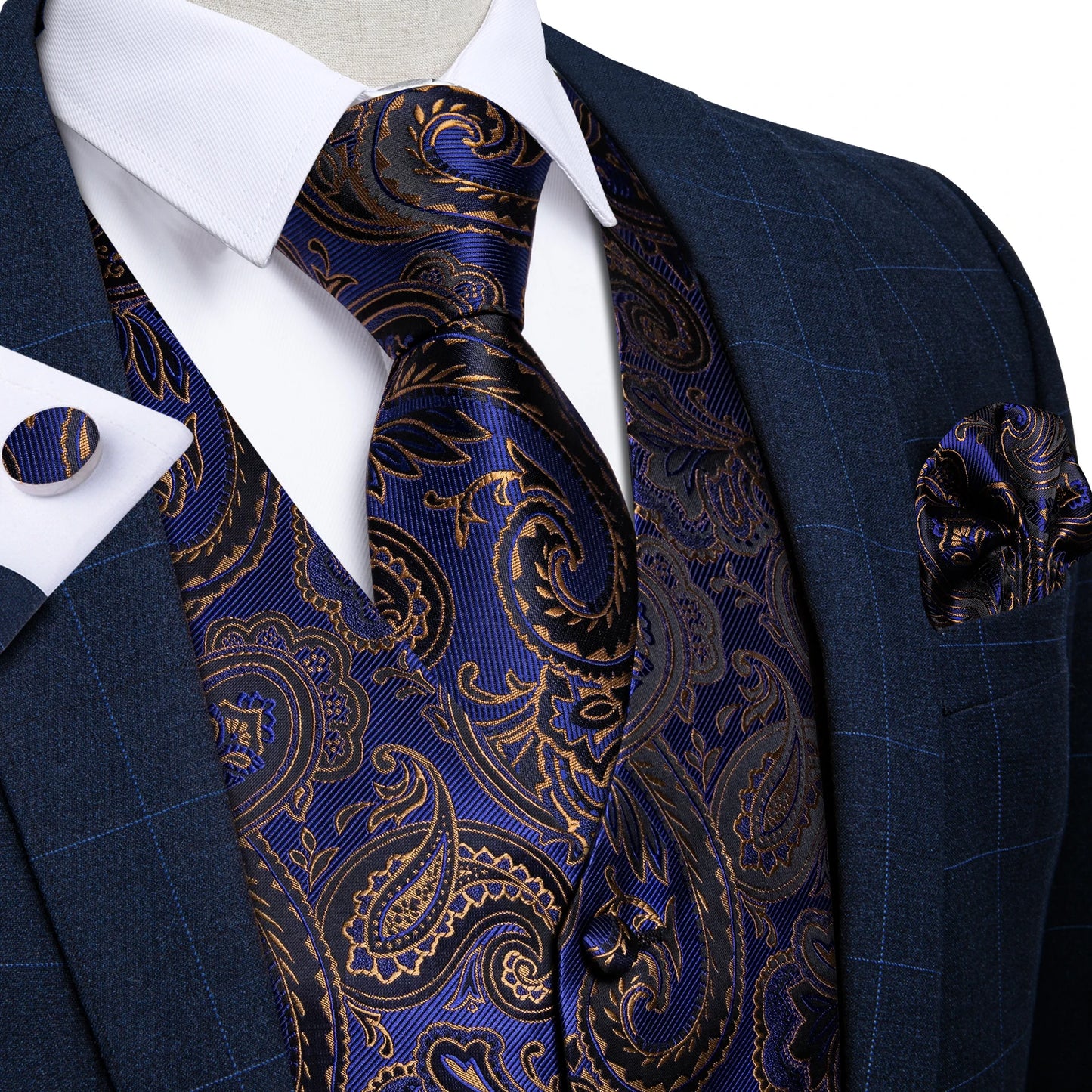 Formal Dress Gold Blue Black Paisley Wedding Suit Vest