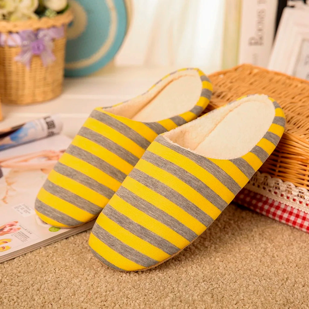 Women House Shoes Soft Striped Indoor Mute Cotton Slippers Non-Slip Slippers Warm Plush Unisex Comfort Home Floor Slipper