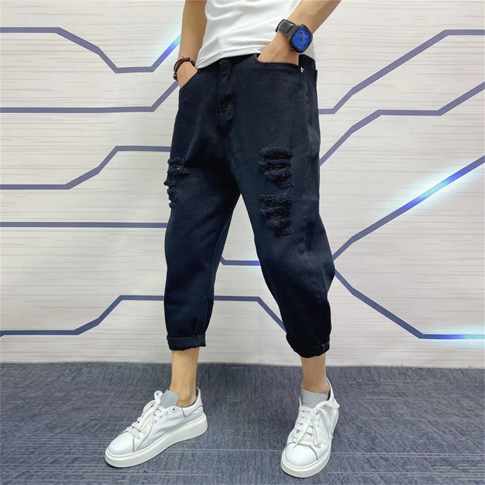 New Men's Ripped Hole Jeans Ankle Length Youth Fashion Loose Denim Harem Cargo Pants