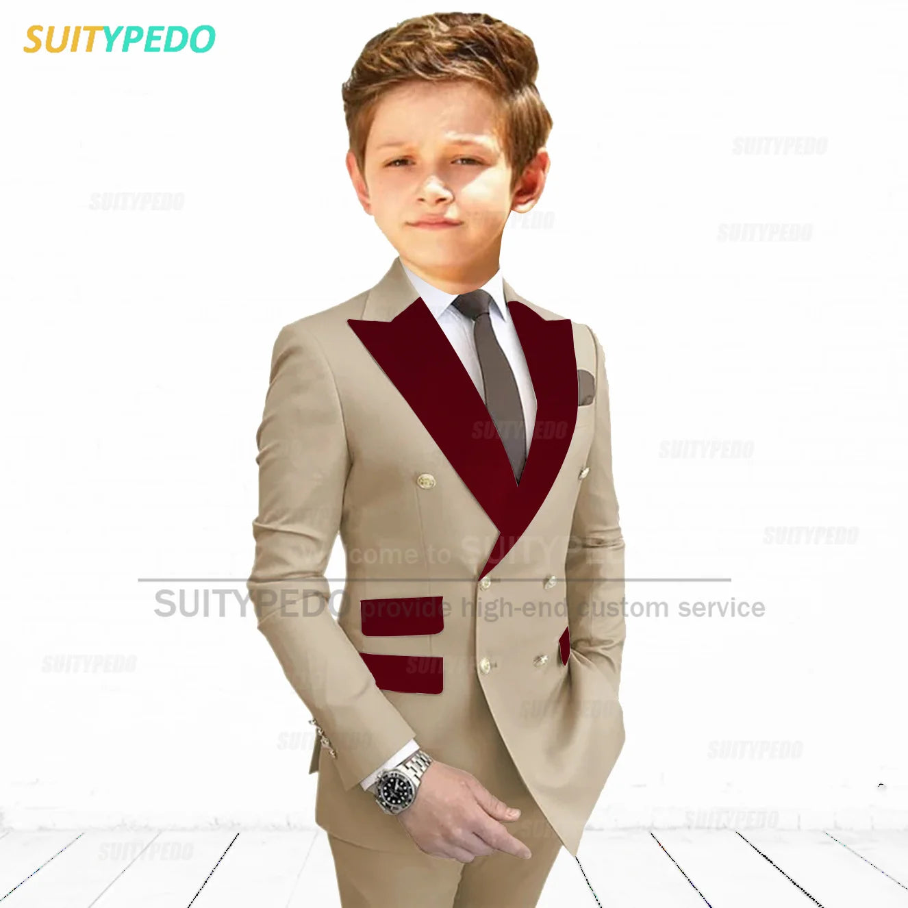 Burgundy Peaked Lapel Boy's Suit Set Children Prom Formal Blazer Pants Two Pieces Wedding Flower Kid Slim Fit Tuxedo Outfits