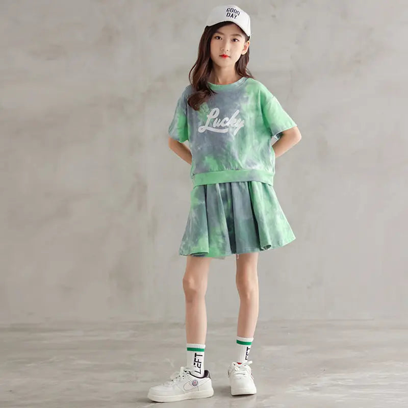 Girls Summer Short Sleeve Top +skirts Child Sports Clothing Casual Girl Outfits 5 to 14