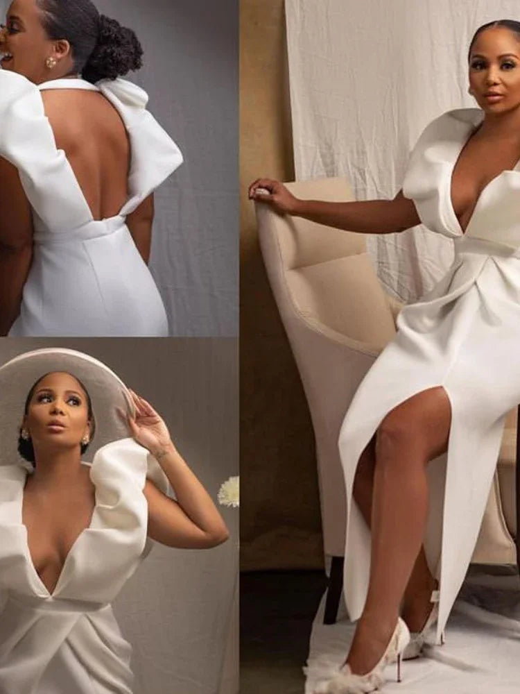 Sexy Deep V Neck Plus Size White Dresses High Waist Side Slit Bodycon Ruffles Backless Party Dress Special Occassion