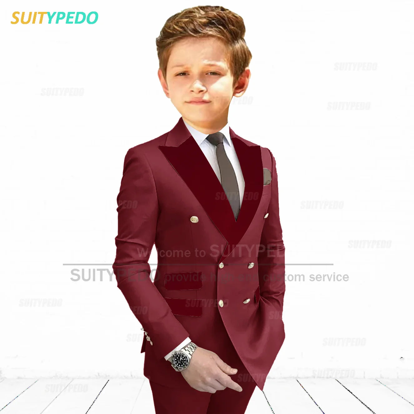 Burgundy Peaked Lapel Boy's Suit Set Children Prom Formal Blazer Pants Two Pieces Wedding Flower Kid Slim Fit Tuxedo Outfits