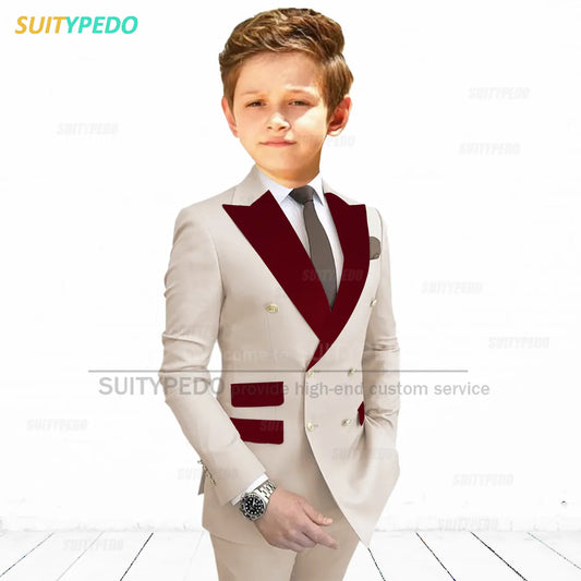 Burgundy Peaked Lapel Boy's Suit Set Children Prom Formal Blazer Pants Two Pieces Wedding Flower Kid Slim Fit Tuxedo Outfits