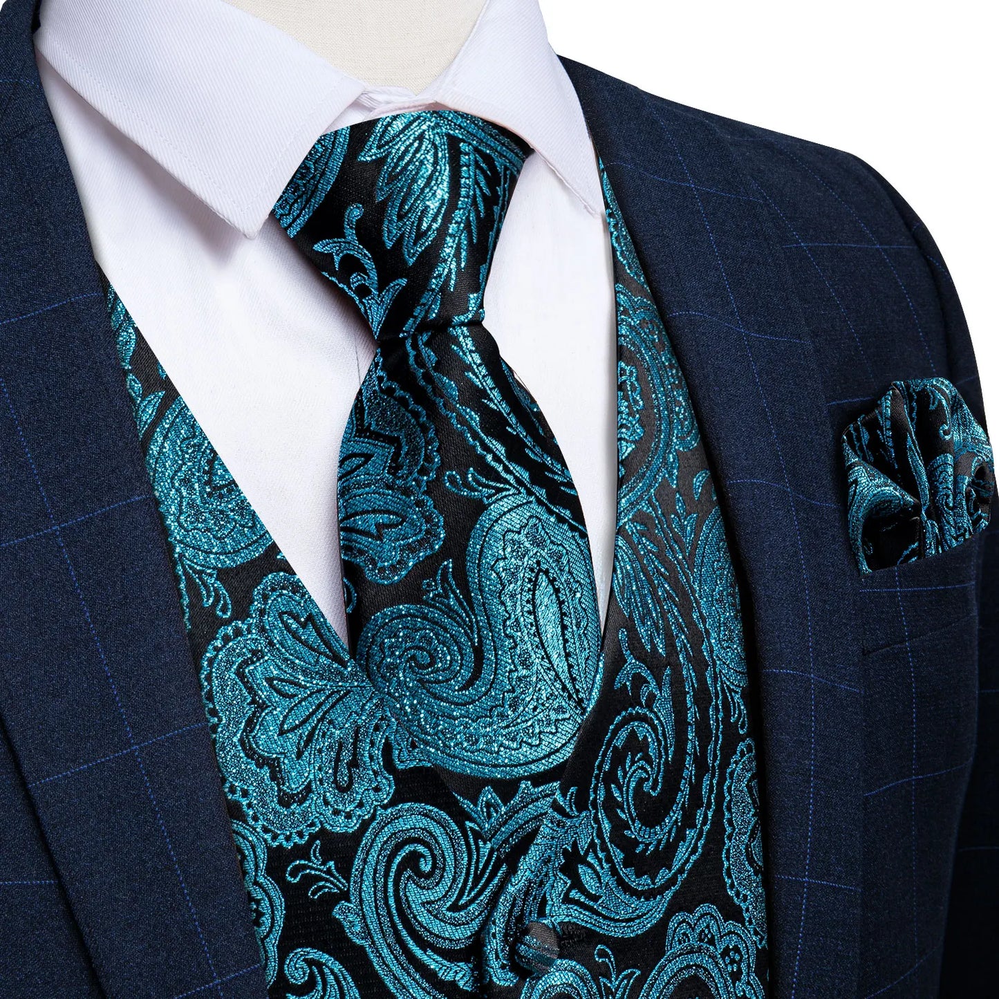 Formal Dress Gold Blue Black Paisley Wedding Suit Vest