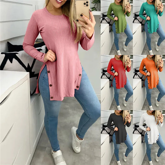 Pit strip solid color round neck slit button long sleeve T-shirt large size women's blouse