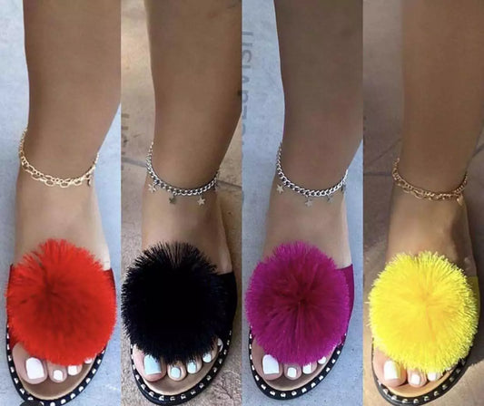 Hairball Slippers Women Solid Open Toe Slides Outside Candy Colors Sandals Female Light Pompom The Ball Shoes