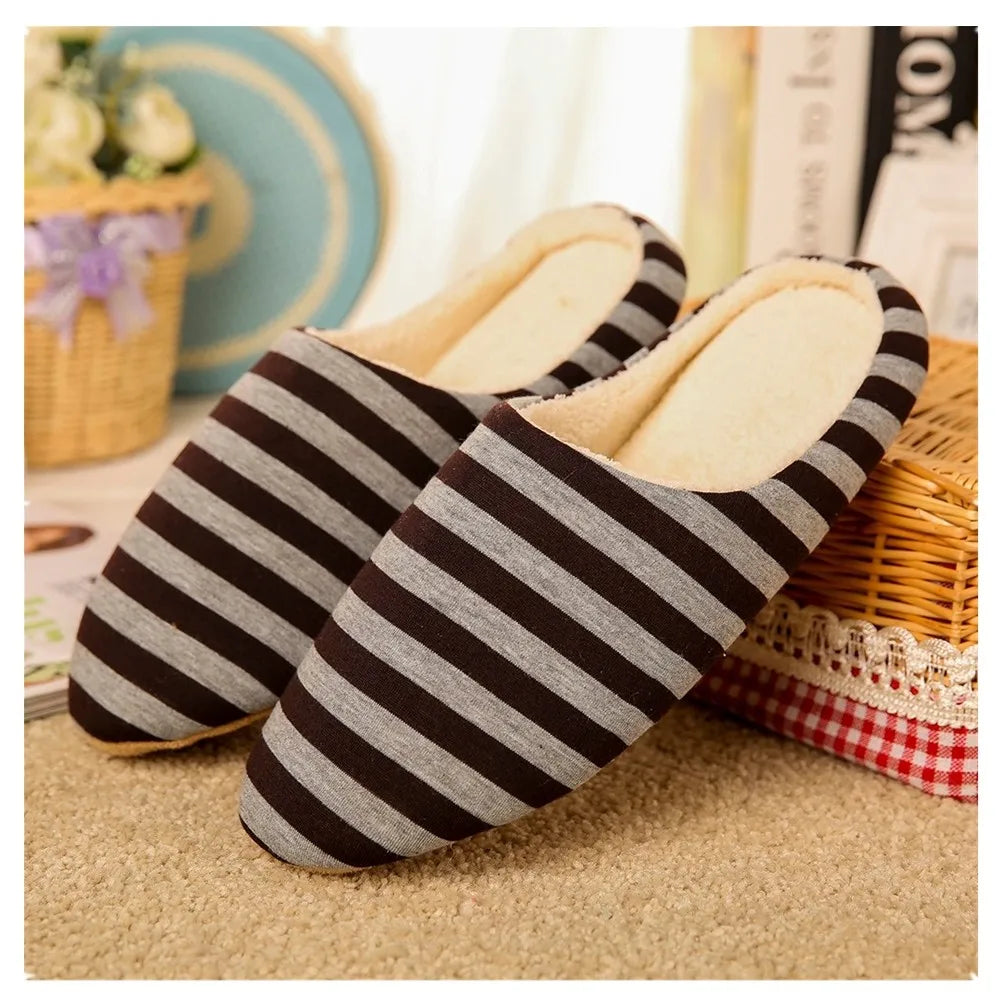 Women House Shoes Soft Striped Indoor Mute Cotton Slippers Non-Slip Slippers Warm Plush Unisex Comfort Home Floor Slipper