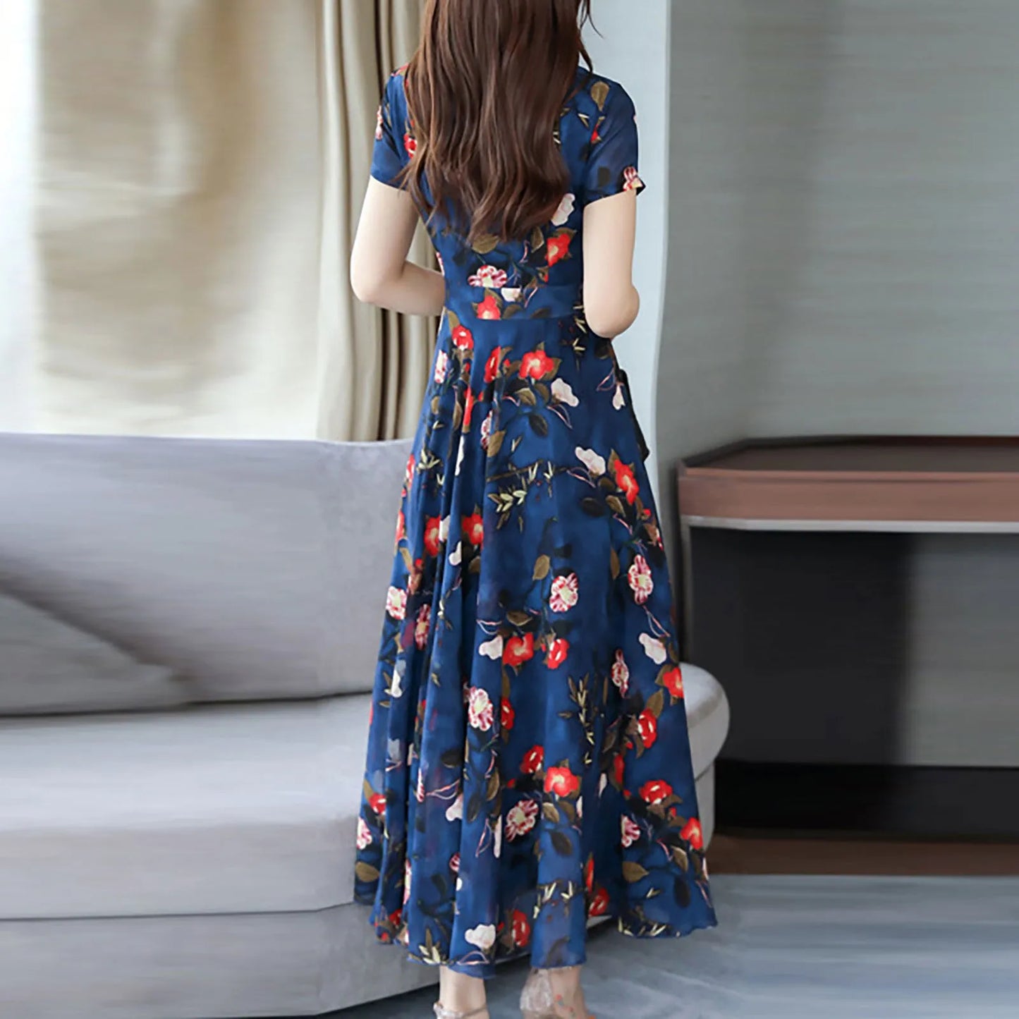 Elegant Long Dresses For Women Round Neck Short Sleeve Printed Chiffon Dress Pleated Dress Summer