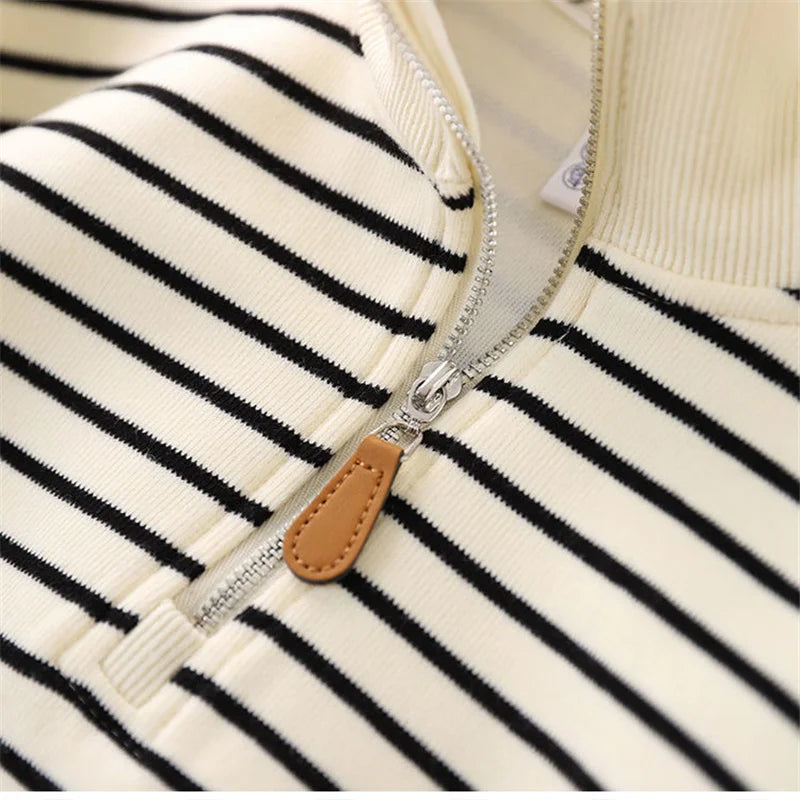 Boys Stripes Sweatshirt Spring Autumn Casual Pullover Big Kids Lapel Zipper Tops Children Sportswear Clothing 4-14 Years