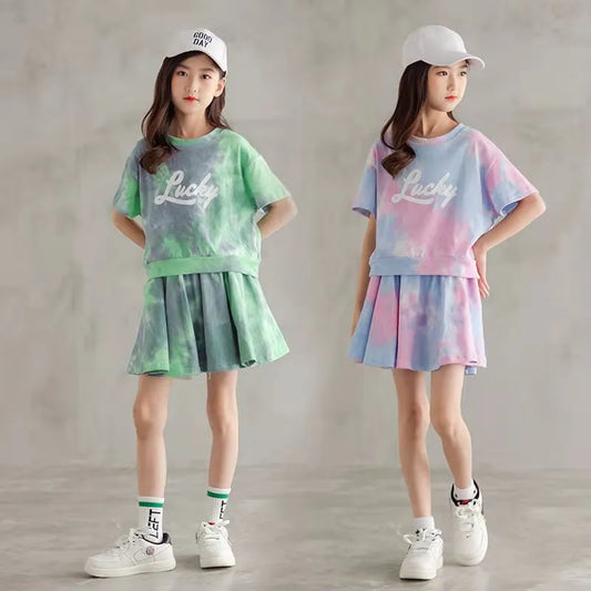 Girls Summer Short Sleeve Top +skirts Child Sports Clothing Casual Girl Outfits 5 to 14