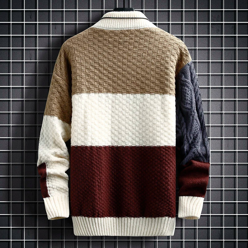 Autumn Winter Men Sweater Warm Fashion Stitching Color Matching Pullover Round Neck Sweater Thickened Knitted Sweater S-3Xl