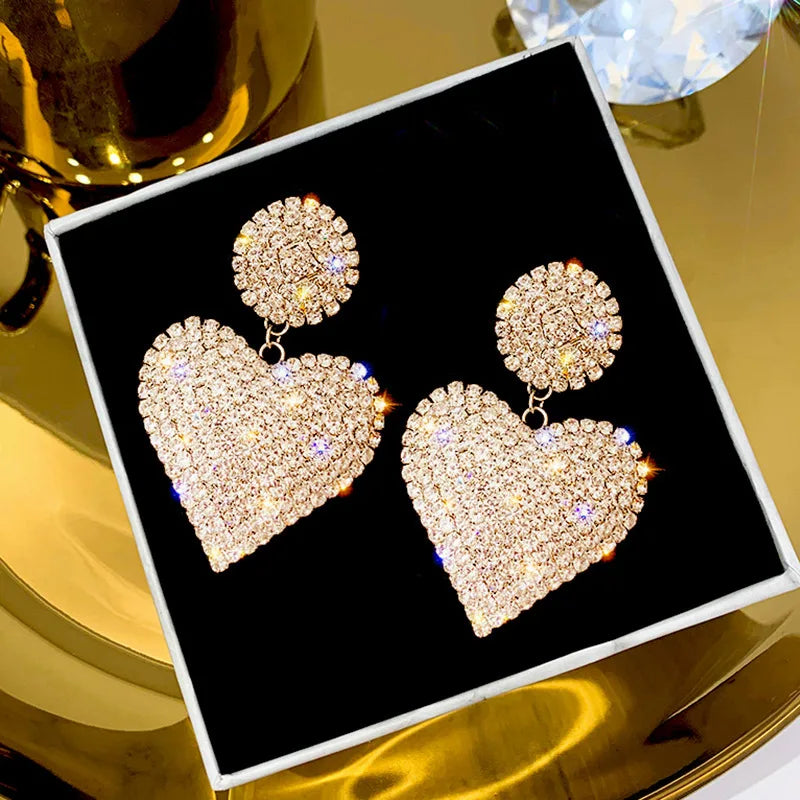 New Heart Earrings Women's Luxurious Geometric Full Rhinestone Earrings