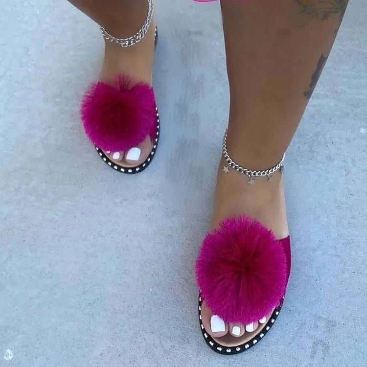 Hairball Slippers Women Solid Open Toe Slides Outside Candy Colors Sandals Female Light Pompom The Ball Shoes