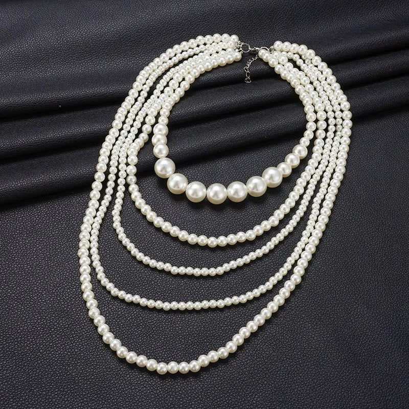 Vintage Imitation Pearl Choker Necklace Art Deco Flapper Accessories for Women White Multi-layer Imitation Pearl Necklaces