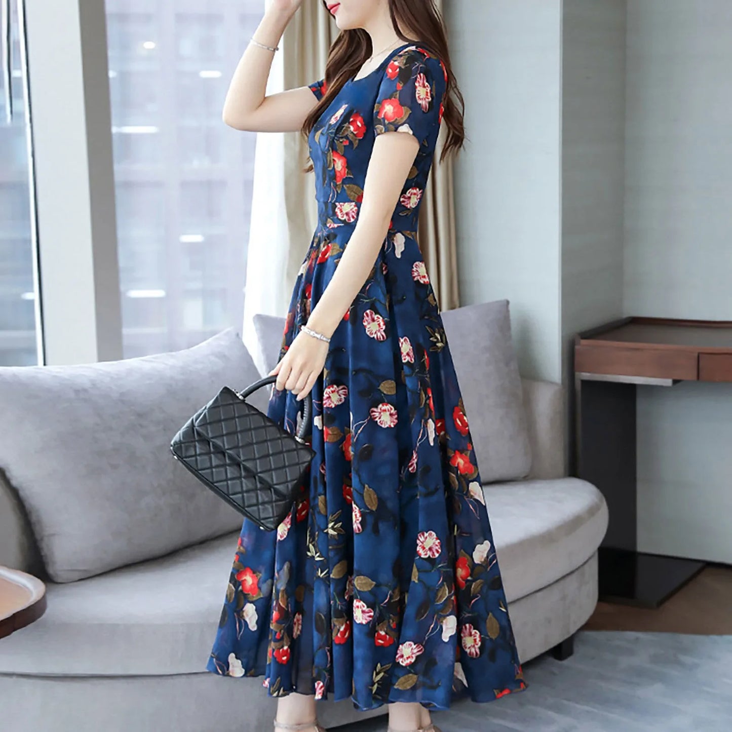 Elegant Long Dresses For Women Round Neck Short Sleeve Printed Chiffon Dress Pleated Dress Summer