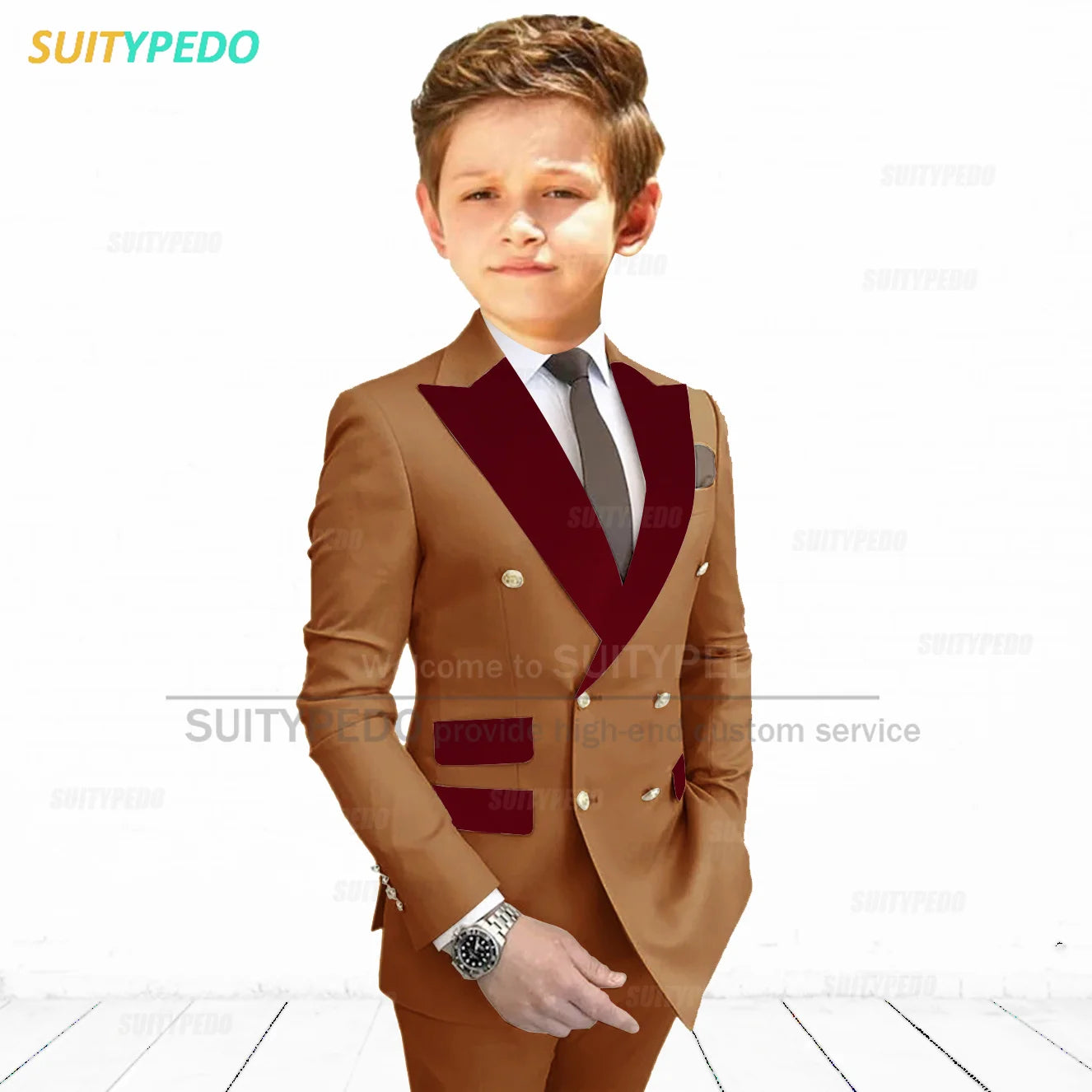 Burgundy Peaked Lapel Boy's Suit Set Children Prom Formal Blazer Pants Two Pieces Wedding Flower Kid Slim Fit Tuxedo Outfits