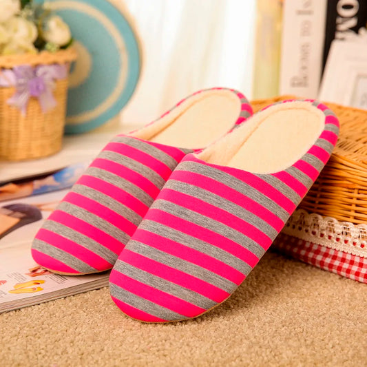 Women House Shoes Soft Striped Indoor Mute Cotton Slippers Non-Slip Slippers Warm Plush Unisex Comfort Home Floor Slipper